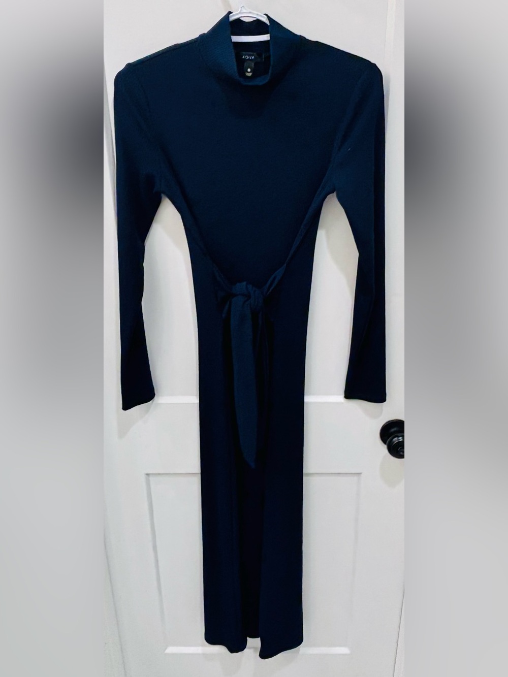 Aqua Navy Mock Neck Tie Waist Long Sleeved Ribbed Sweater Dress. Size XS